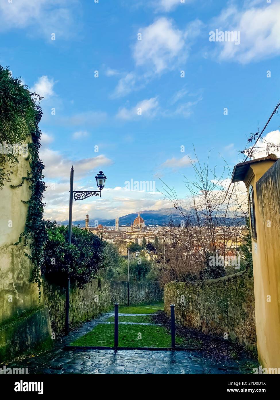 A stunning view of Florence’s iconic Duomo, seen from a charming, narrow street lined with greenery. The city's skyline is framed by the Tuscan hills. - Smartphone Captured Stock Image