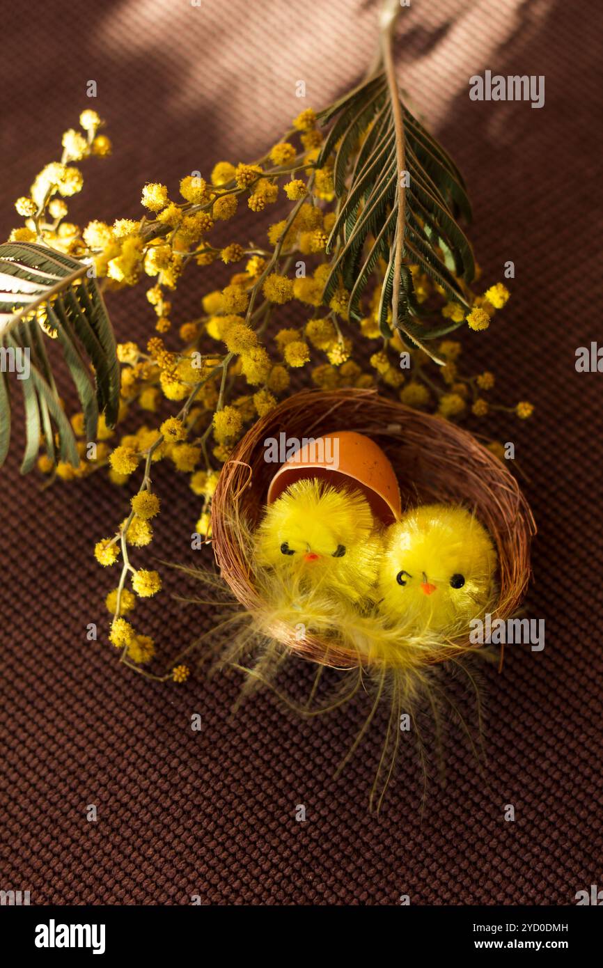 Little toy Easter chickens. Happy easter . Holiday Stock Photo