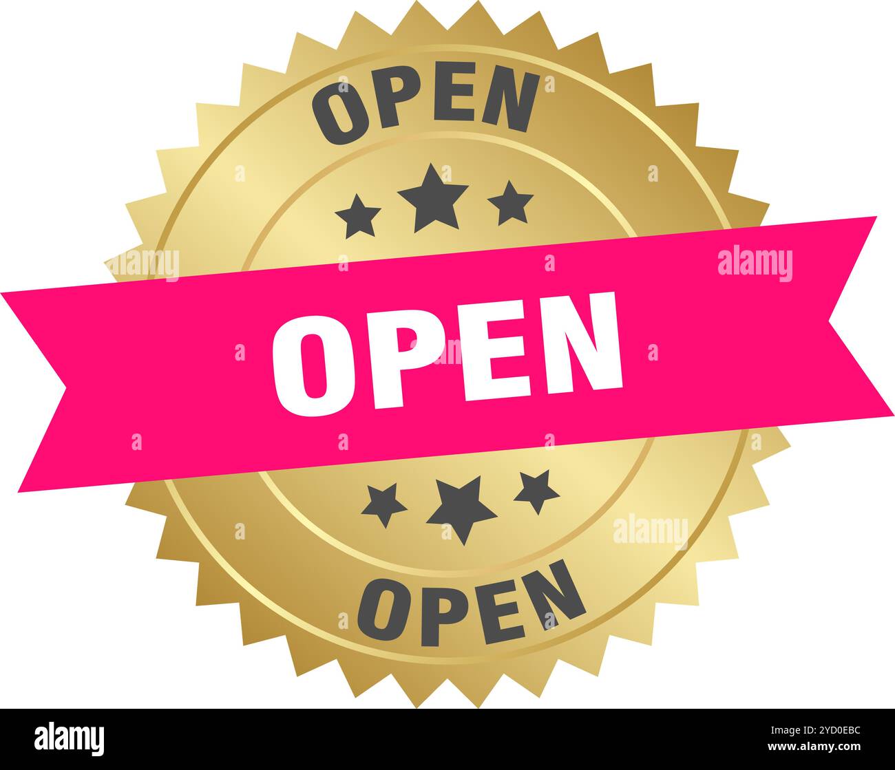 open round pink and gold label isolated on transparent background. open ...