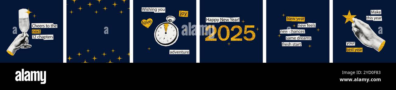 New year halftone collage cards set vector illustration Stock Vector