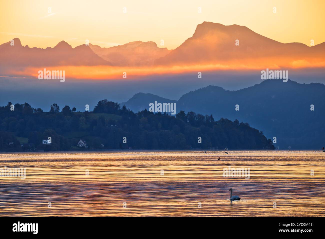 Lake Luzern and Rigi mountain peak morning golden glow view Stock Photo ...