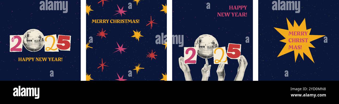 New year halftone collage cards set vector illustration Stock Vector