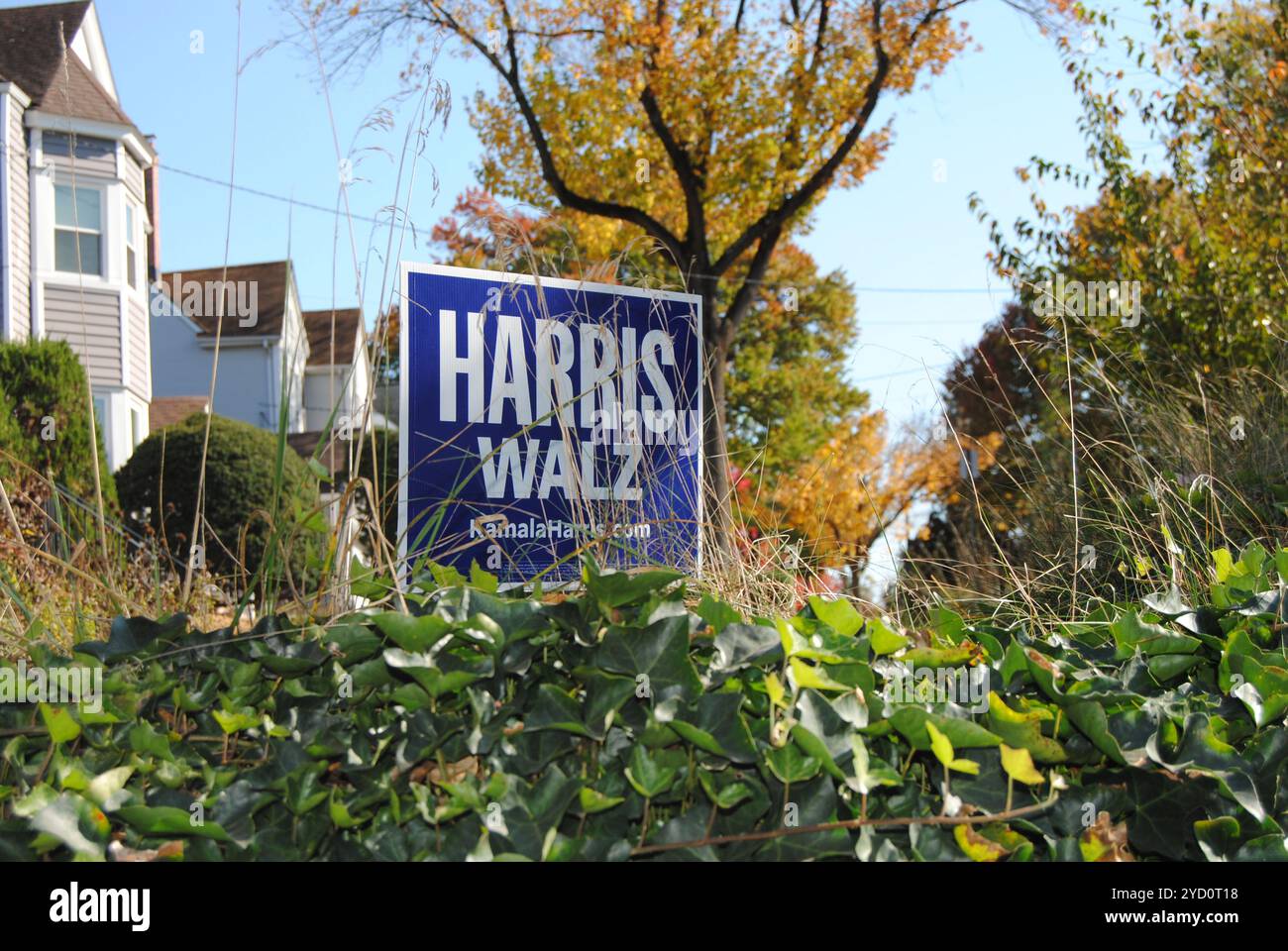 Rutherford, New Jersey, USA - October 24 2024: Harris, Walz sign on the lawn of a home in a suburban neighborhood ahead of the Presidential Election. Stock Photo