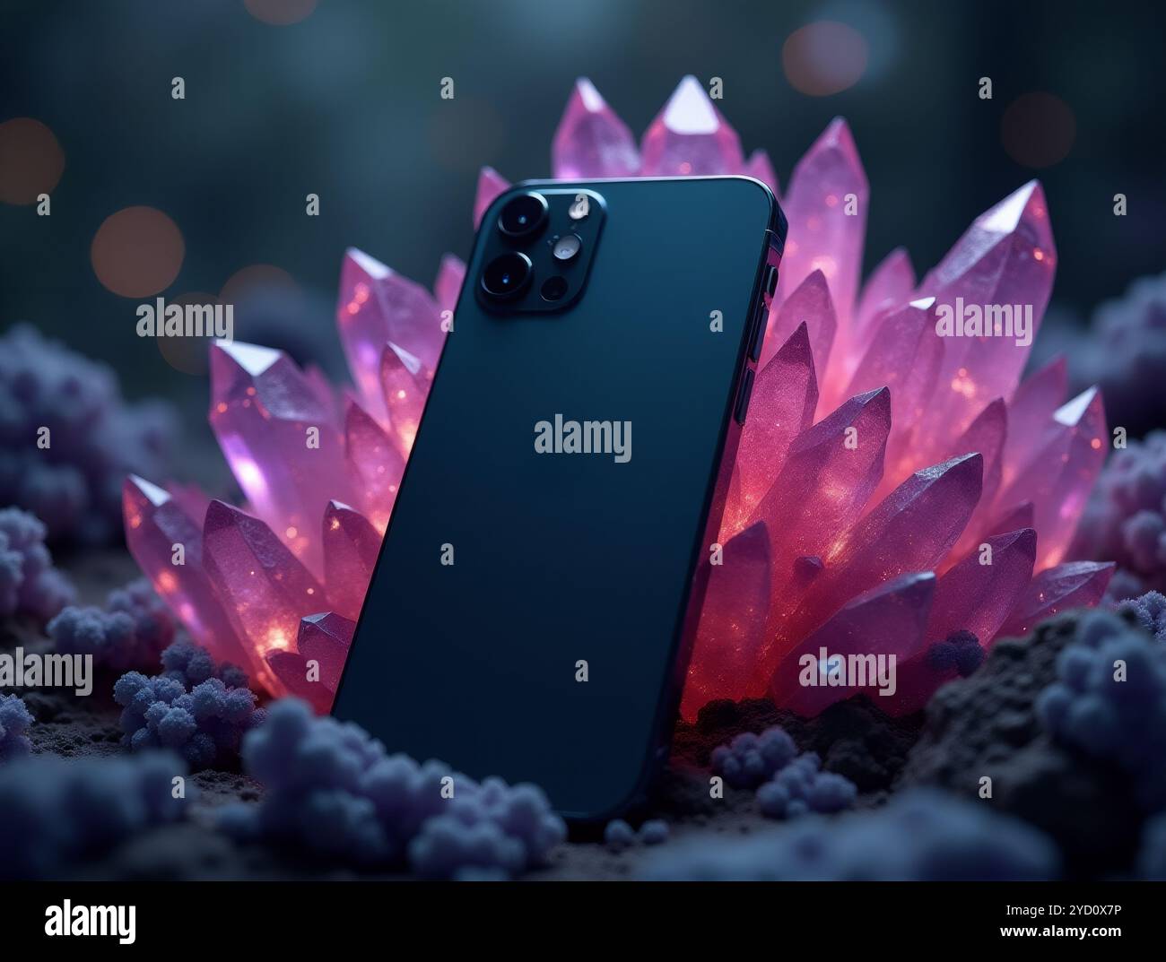 Photo Realistic Mockup of Blank iPhone 15 on Witchy Crystals Aesthetic Background Stock Photo
