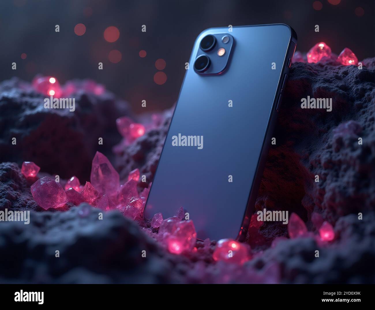 Photo Realistic Mockup of Blank iPhone 15 on Witchy Crystals Aesthetic Background Stock Photo