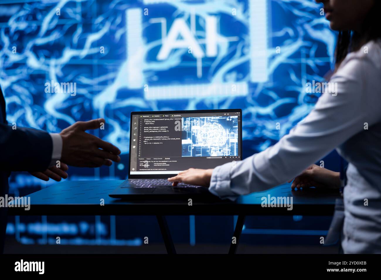 Computer scientist running AI cognitive computing tech on laptop to simulate computerized model. Close up of notebook used by IT specialist in workspace to do data mining with self learning algorithms Stock Photo