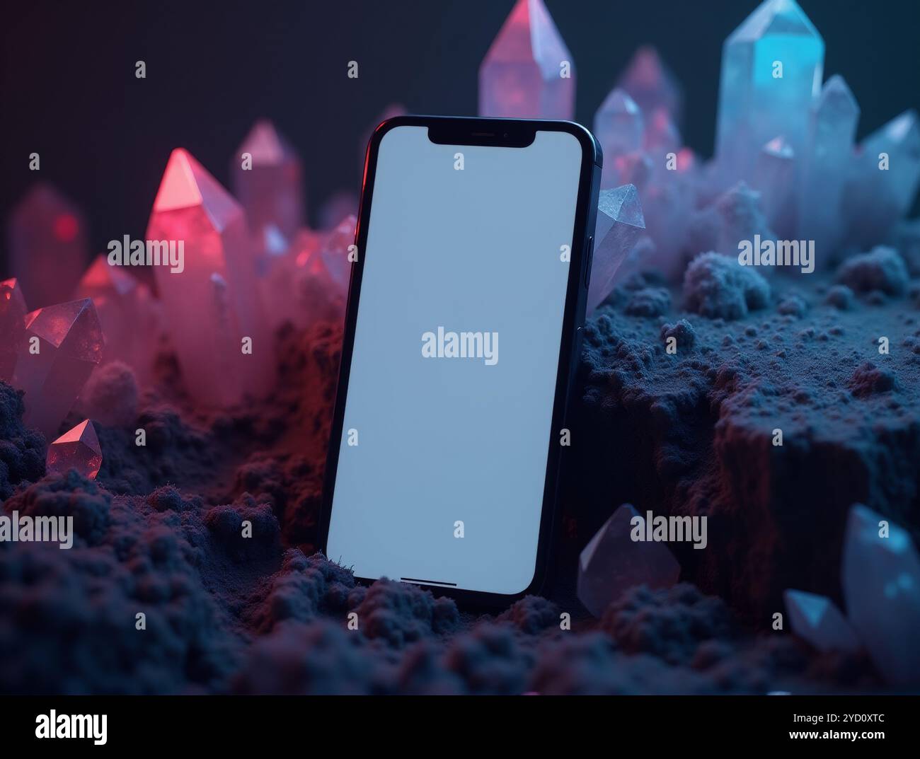 Photo Realistic Mockup of Blank iPhone 15 on Witchy Crystals Aesthetic Background Stock Photo