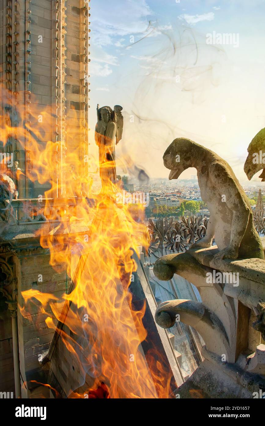 Chimeras in fire on Notre Dame Stock Photo - Alamy