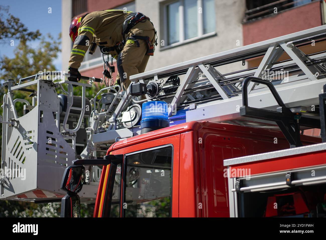 fire truck with a blue flashing light on emergency situation and rescue ...