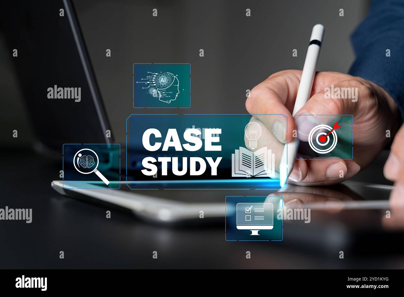 Case Study Education concept, Business person hand touching case study icon on virtual screen. Businessman focused on case study. study online, e lear Stock Photo