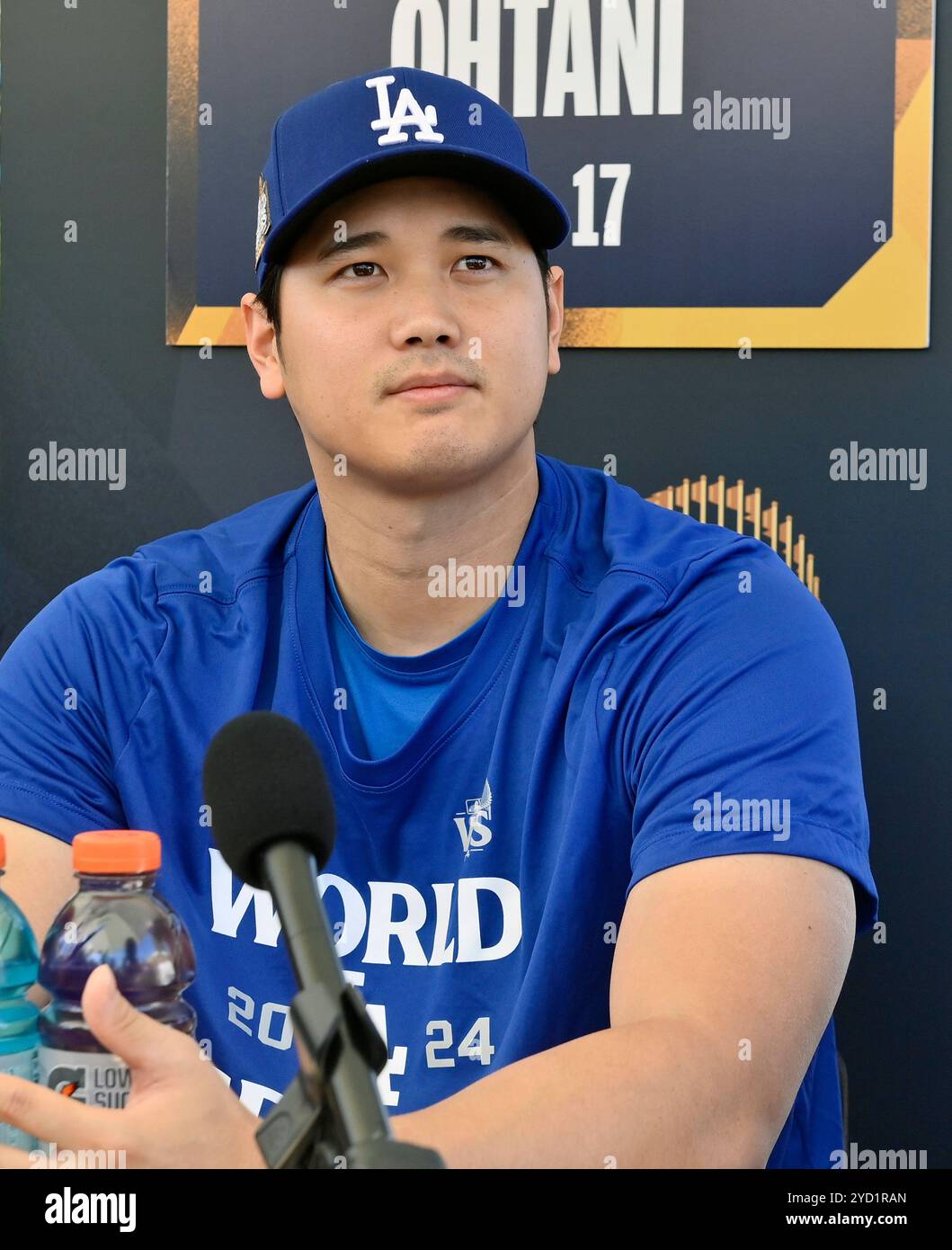 Los angeles dodgers designated hitter shohei ohtani speaks to the media