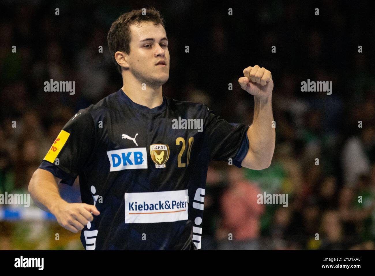 Berlin, Germany. 24th Oct, 2024. Tim Freihöfer (20) of Füchse Berlin seen during the EHF Champions League match between Füchse Berlin and Paris Saint-Germain Handball at Max-Schmeling-Halle in Berlin. Credit: Gonzales Photo/Alamy Live News Stock Photo