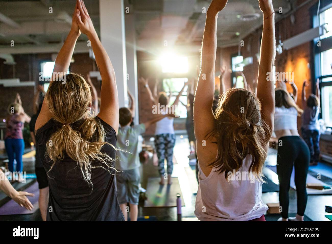 People are seen from behind in a standing asana pose, worshiping the sun during 108 rounds of surya namaskar sun salutation inside a large hall. Stock Photo