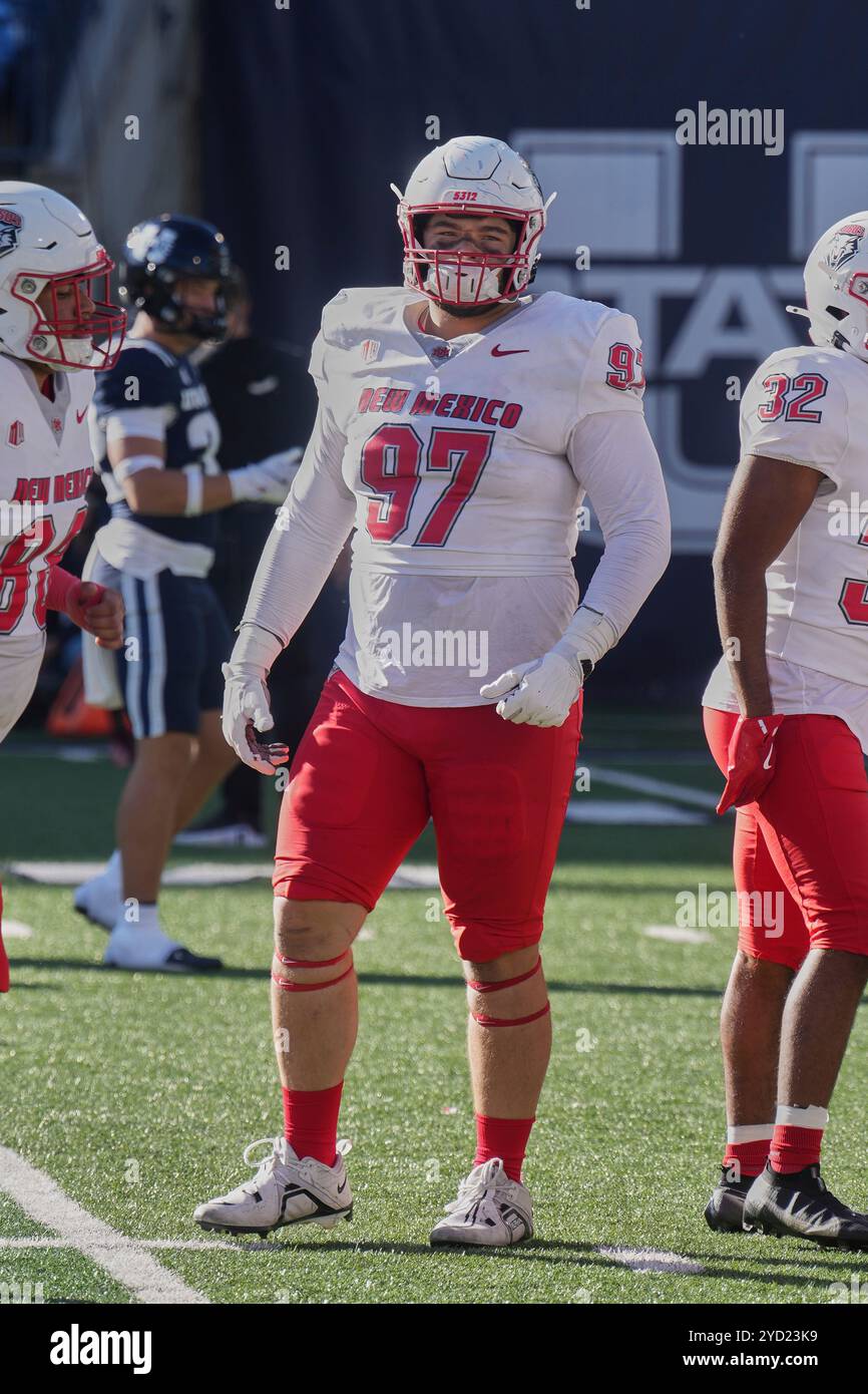 Logan UT, USA. 19th Oct, 2024. Lobos defensive lineman Devin Brandt-Epps (97) in action the game with New Mexico Lobos and Utah State held at Merlin Olson Field in Logan Ut. David Seelig/Cal Sport Medi(Credit Image: © David Seelig/Cal Sport Media/Cal Sport Media) (Credit Image: © David Seelig/Cal Sport Media/Cal Sport Media). Credit: csm/Alamy Live News Stock Photo