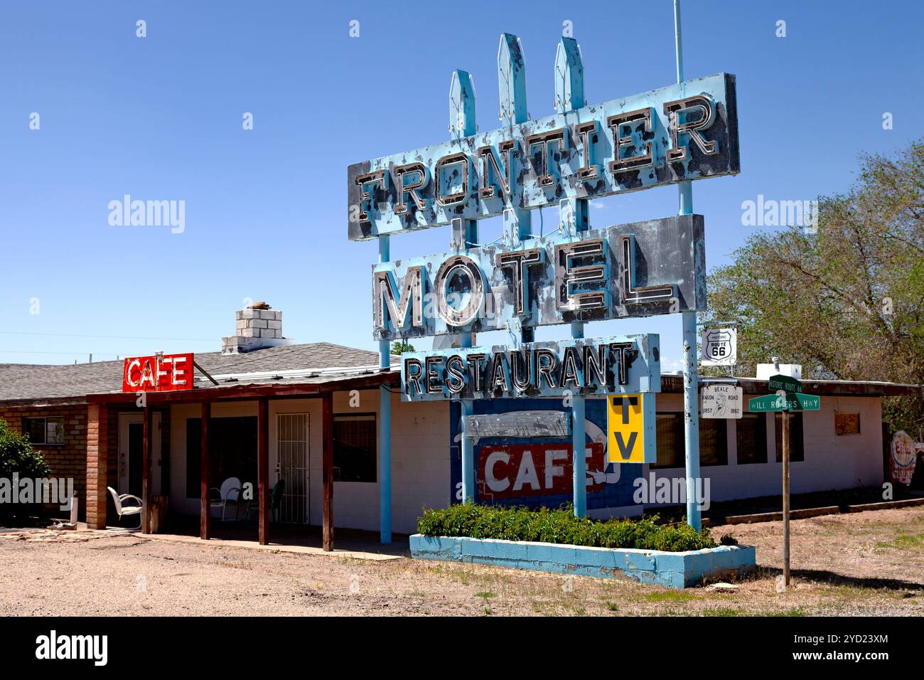 The weather worn neon sign of the Frontier Motel in Truxton Arizona on the Will Rogers Highway, Route 66, and Beale Road Stock Photo