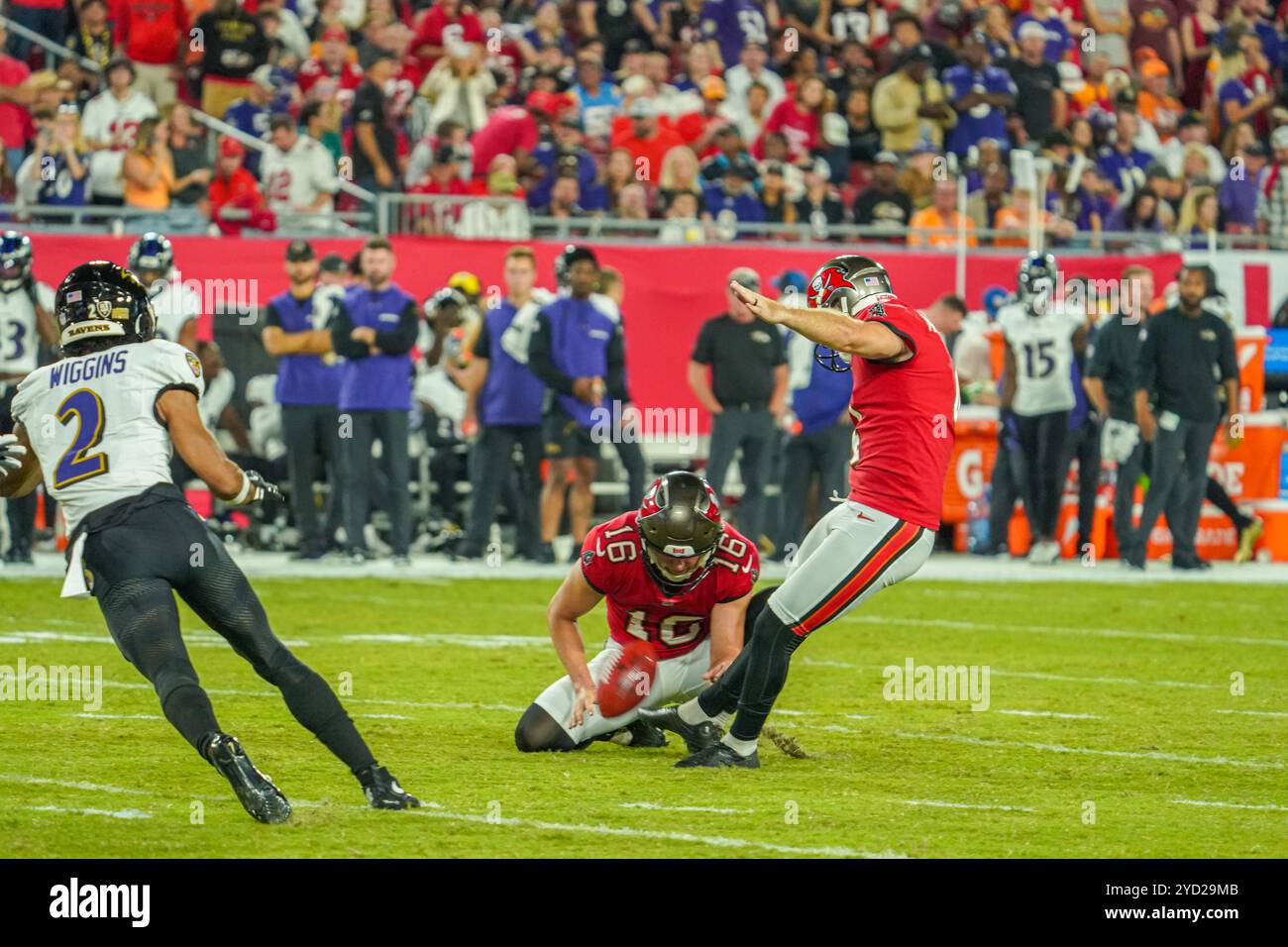 Tampa Bay, Florida, USA, October 21, 2024, Tampa Bay Buccaneers Kicker Chase McLaughlin #4 makes a goalkick attempt at Raymond James Stadium.  (Photo Stock Photo