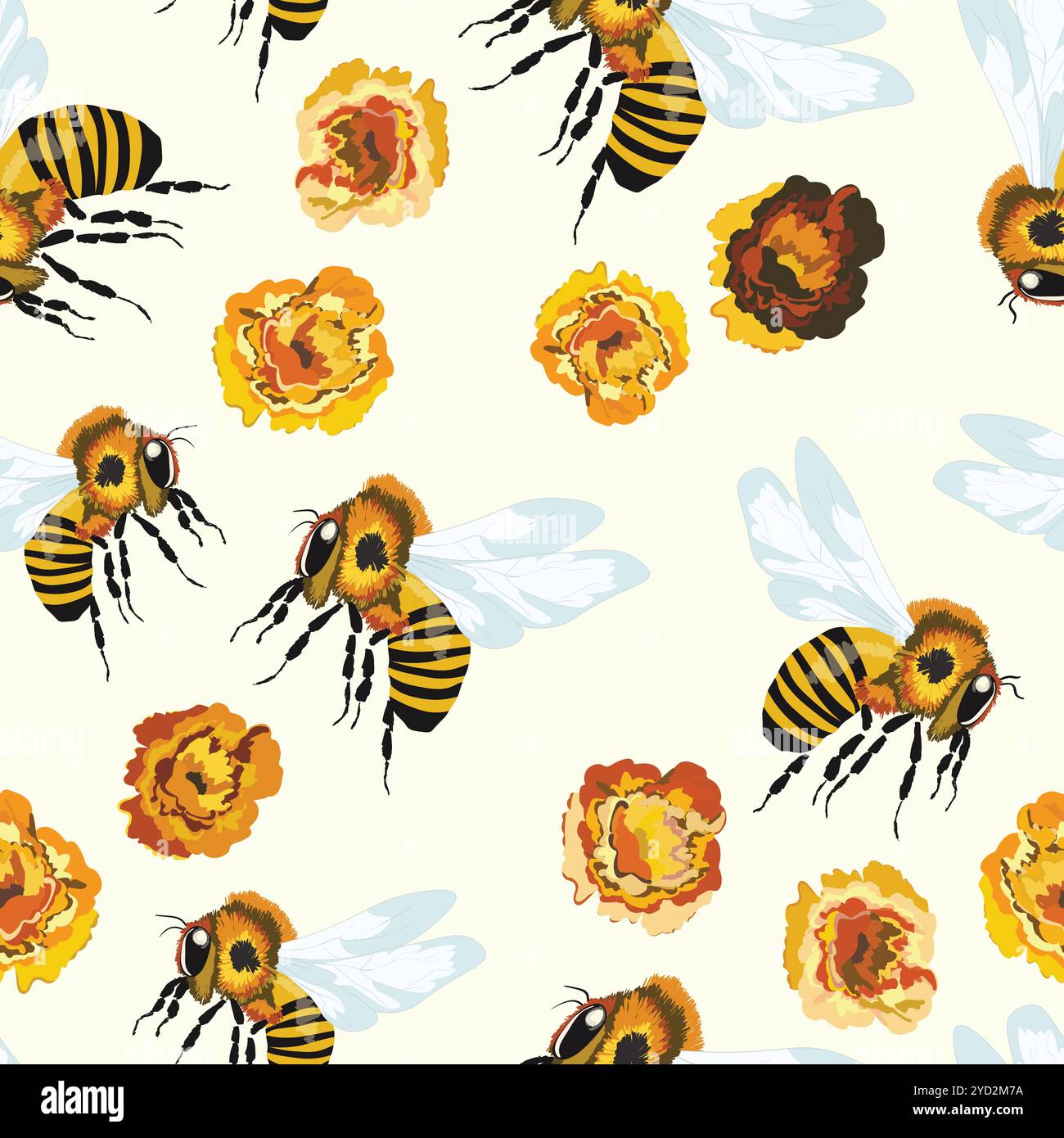 Seamless pattern with bees and flowers on color background. Small wasp ...