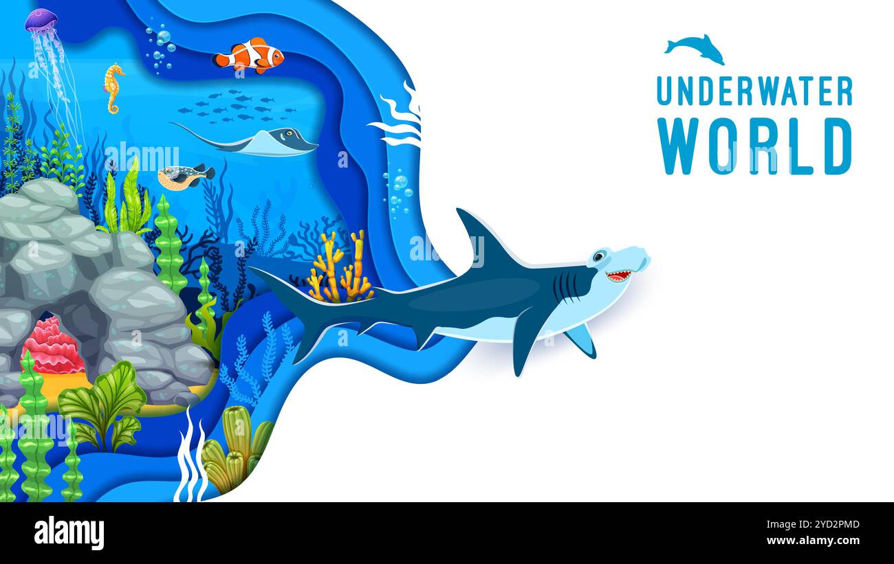 Cartoon paper cut underwater landscape with hammerhead shark, sea ...