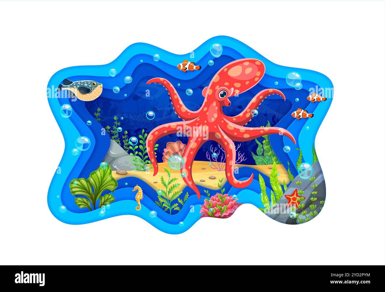 Paper cut banner with sea octopus, fish shoal and underwater landscape ...