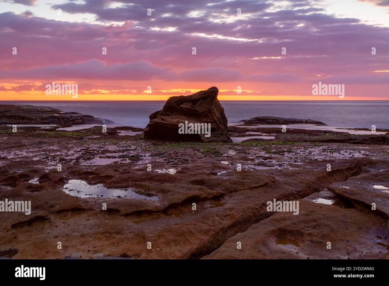 Coastal sunrise skies on a rocky Sydney reef at low tide Stock Photo