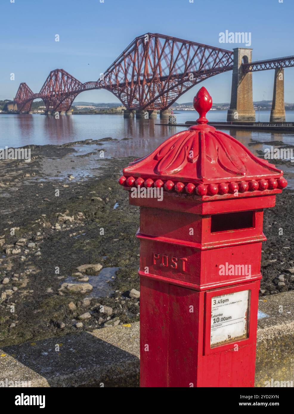 A Bright Red Vintage British Post Box In Front Of The Iconic Forth Rail ...