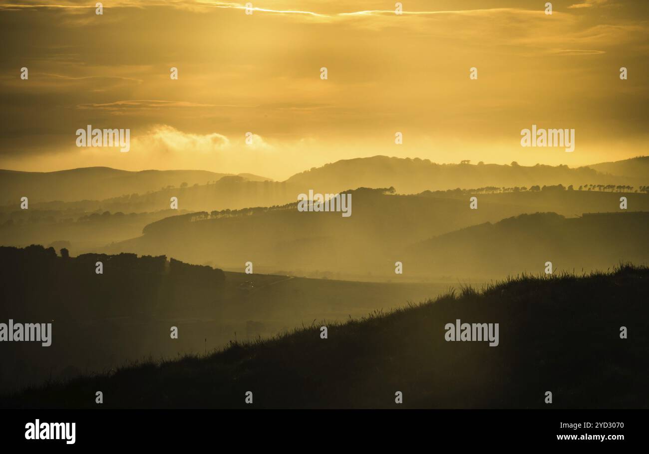 Beautiful Magic Hour Light Over Misty Rolling Hills Stock Photo