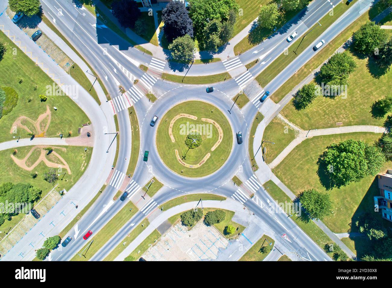 Aerial view of traffic roundabout intersection Stock Photo