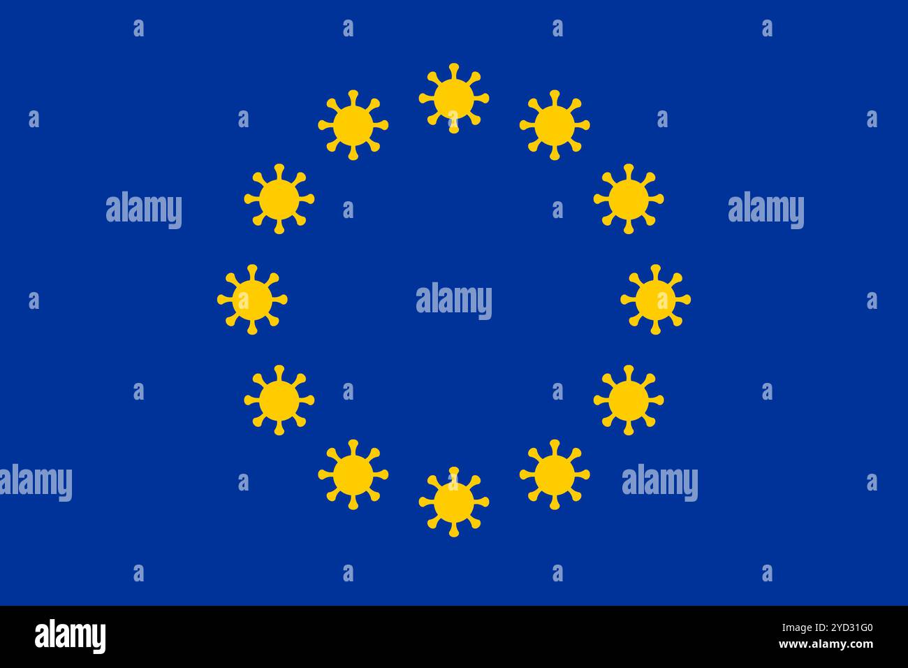 European Union flag illustration with coronavirus signs instead of stars. Illustration of Covid-19 pandemic in EU. Stock Photo