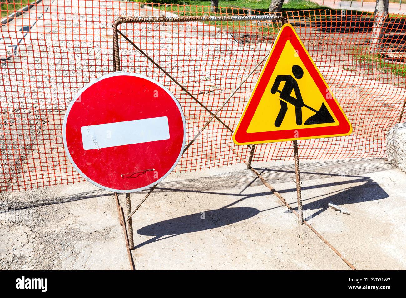 Road works traffic sign at the city street Stock Photo