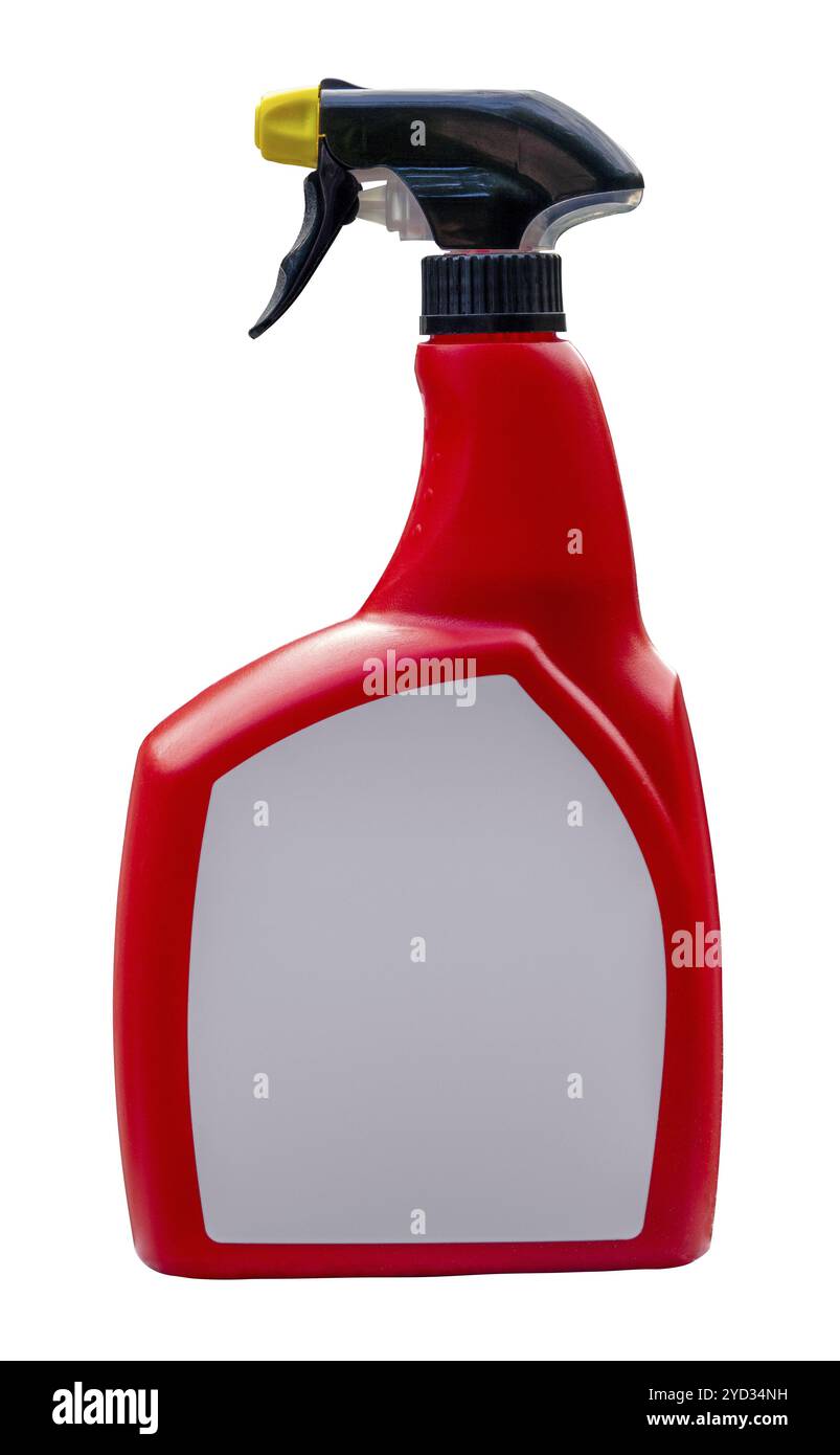 An Isolated Red Plastic Spray Bottle With A Blank Label For Your Text On A White Background Stock Photo