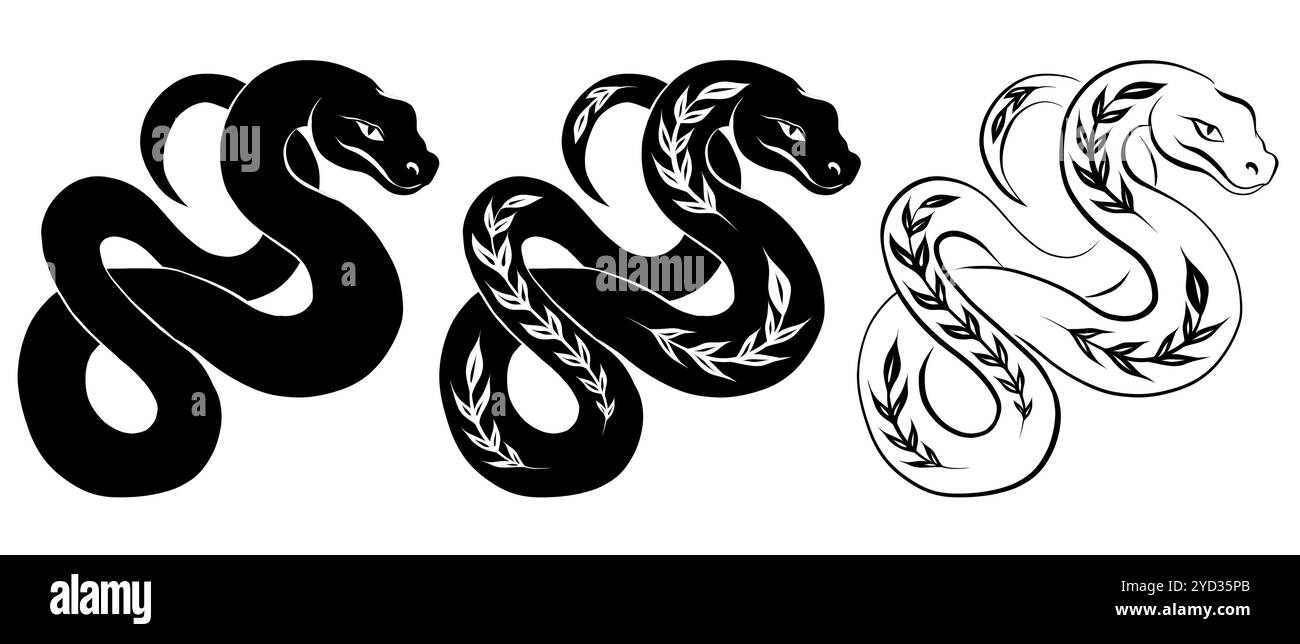 Vector monochrome tangled snake set. Collection of black outline and ...