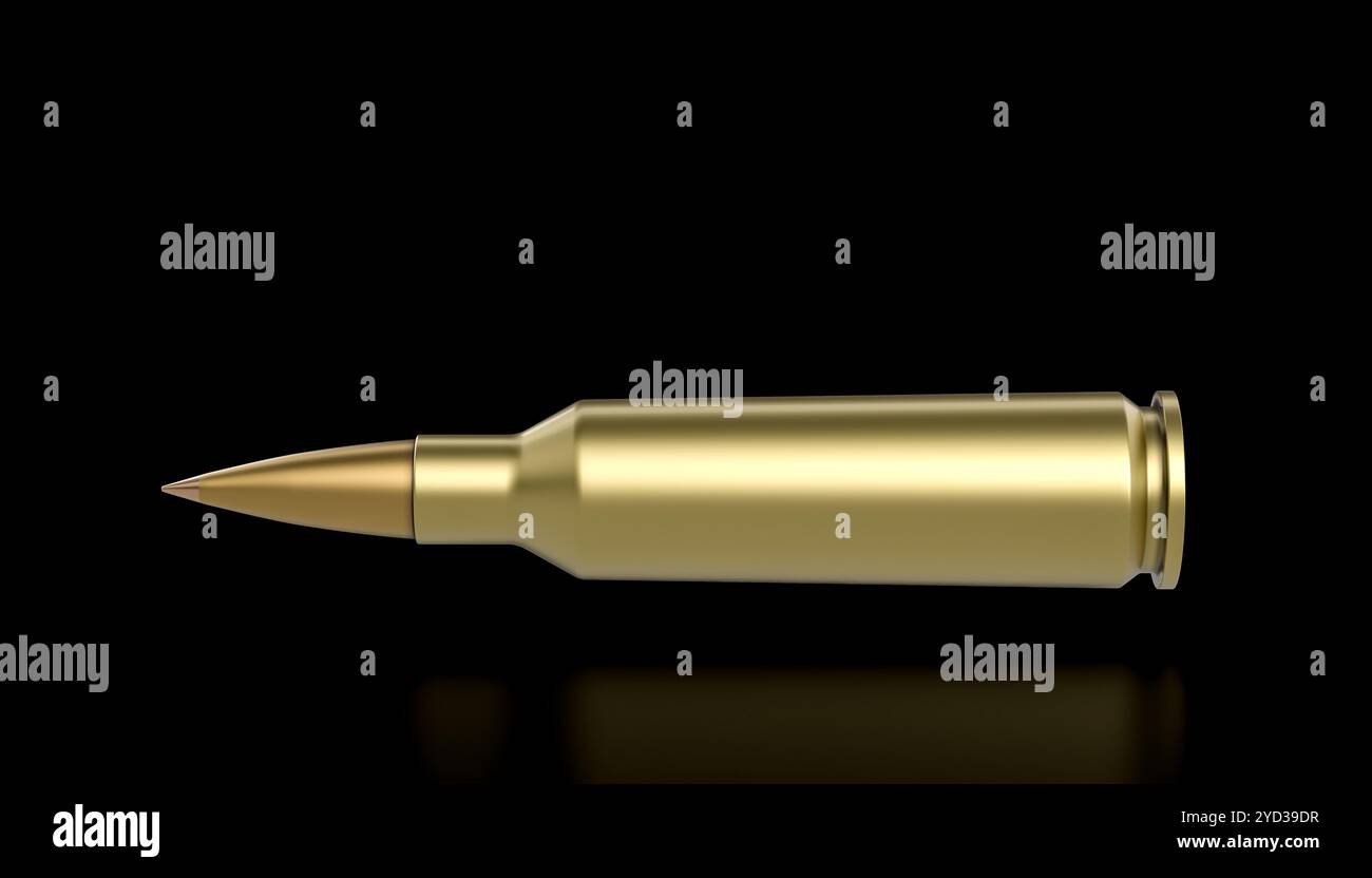 Rifle bullet on reflective black surface background 3d Stock Photo