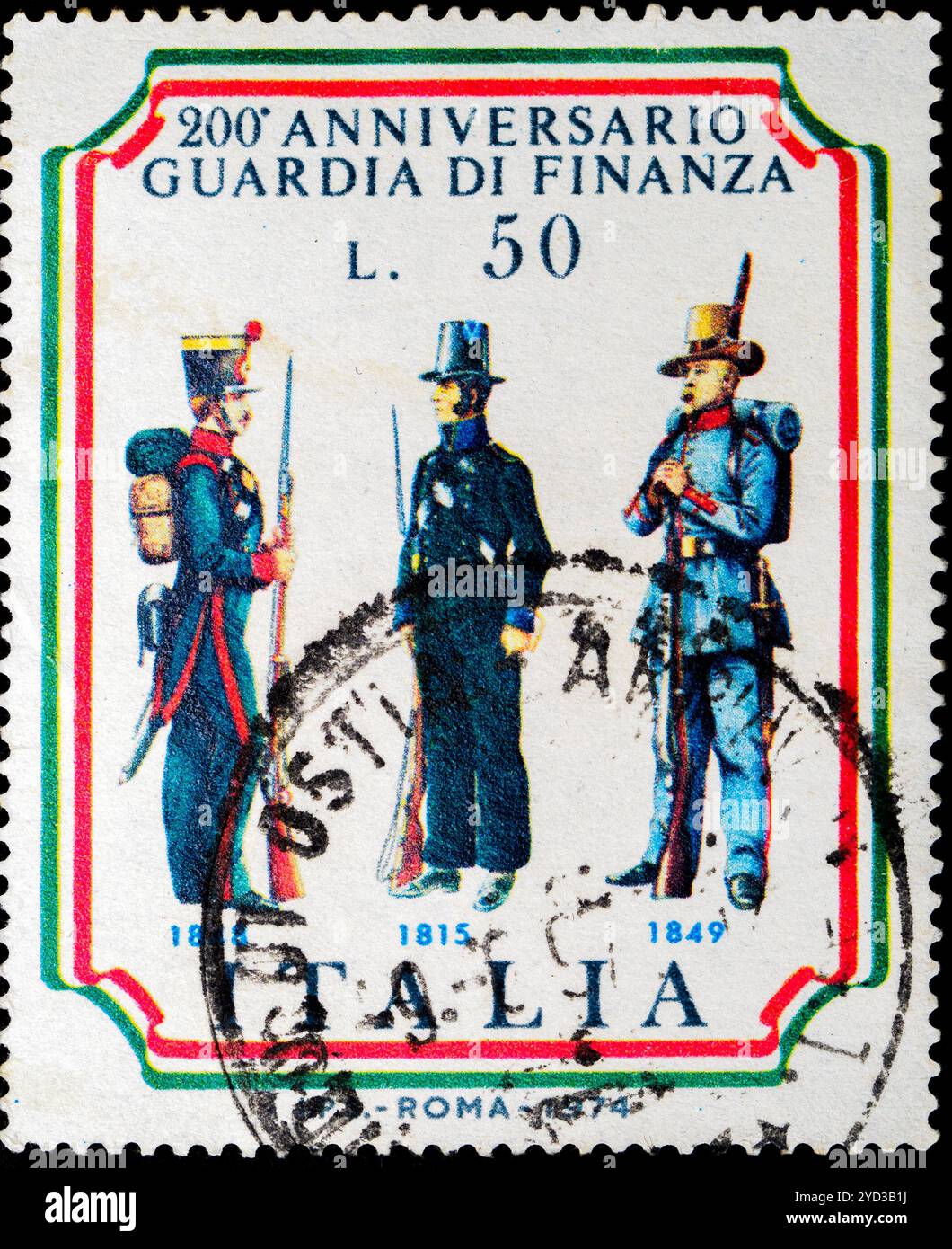 50 lire - Bicentenary of the financial police 1974 - Italian postage stamp Stock Photo