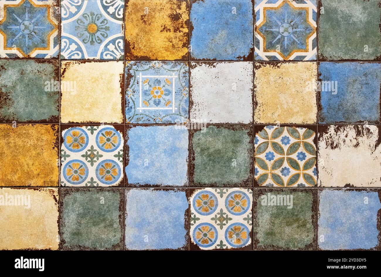 Various types of aged ceramic tiles with Mediterranean style patterns. Stock Photo