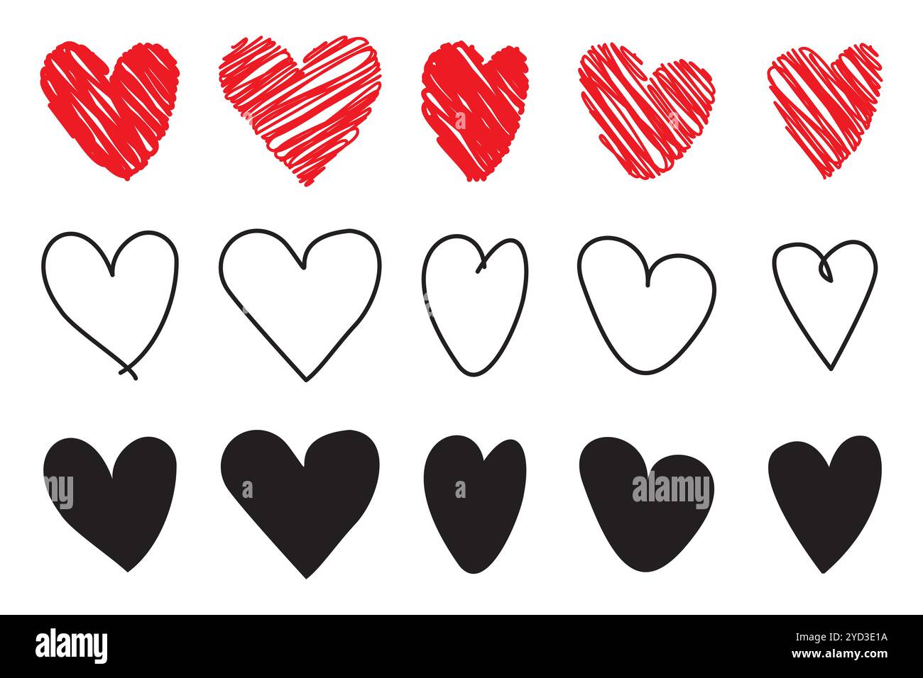 Heart icon set. Red hand drawn hearts. Black simple hearts. Vector love ...