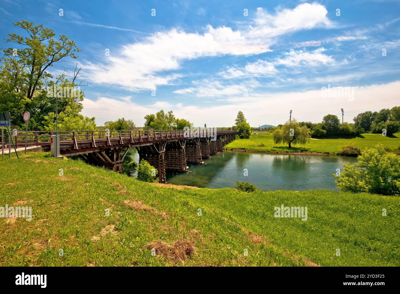 Korana river landscape in Karlovac, green landscape and bridge Stock Photo