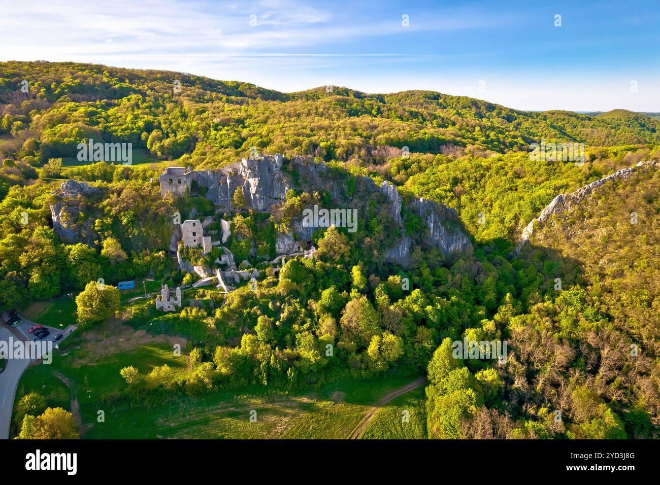 Kalnik mountain and fortress ruins aerial view, Stock Photo