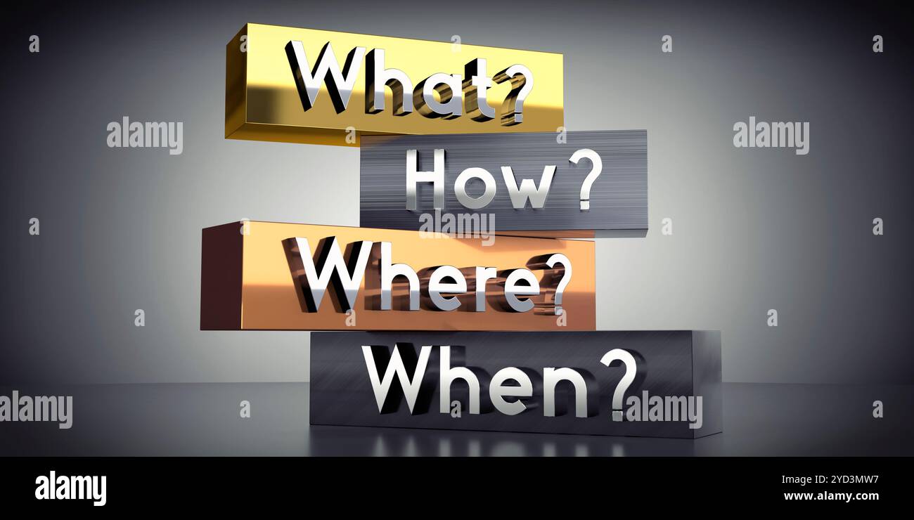 What, how, where, when - words on metal blocks - 3D illustration Stock ...