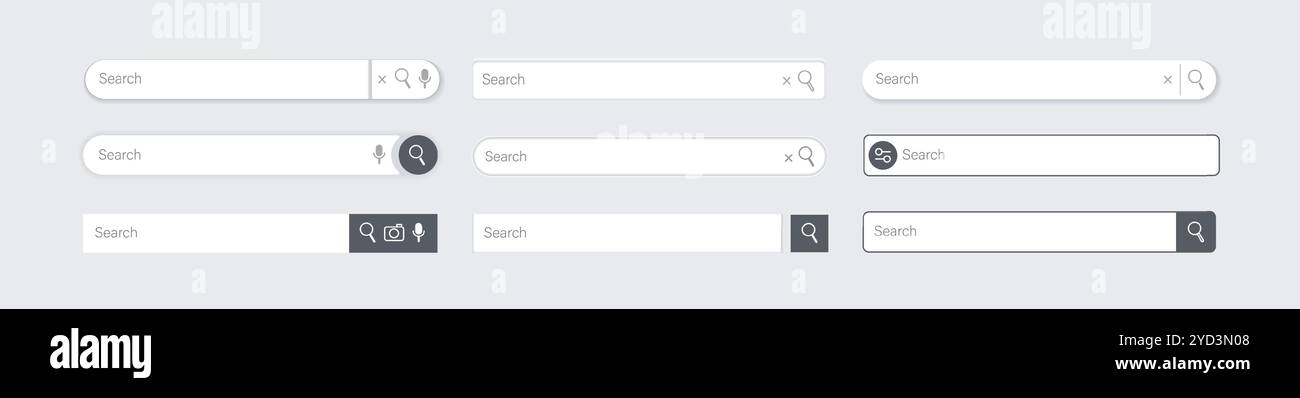 Search bar. Website ui design, search Internet box, browser engine text field, navigation bar with push button. Interface web element vector templates set. Stock Vector