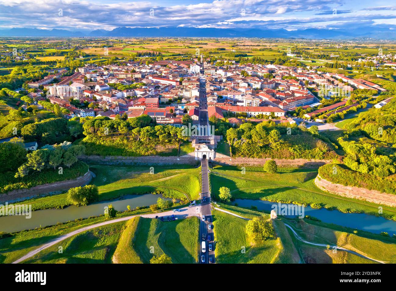 Town of Palmanova defense walls and trenches aerial view, UNESCO world heritage site in Friuli Venezia Giulia region of Italy Stock Photo