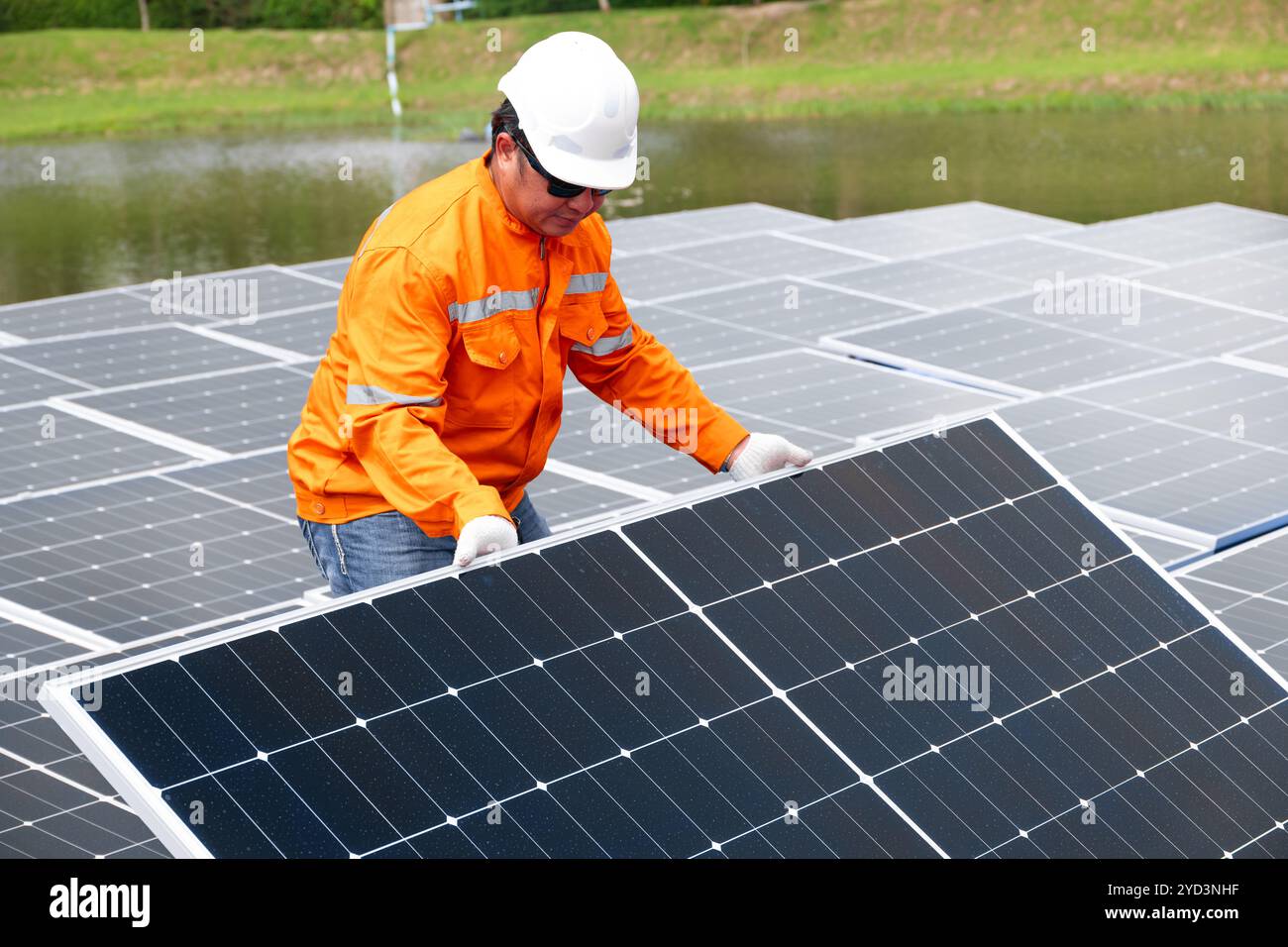 Professional Engineer Service Floating Solar Panel. Worker Maintenance ...