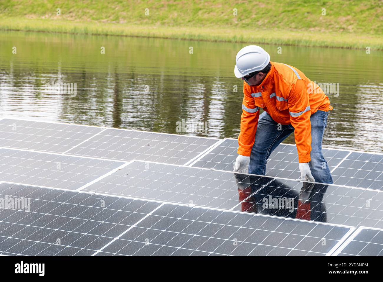 Professional Engineer Service Floating Solar Panel. Worker Maintenance ...