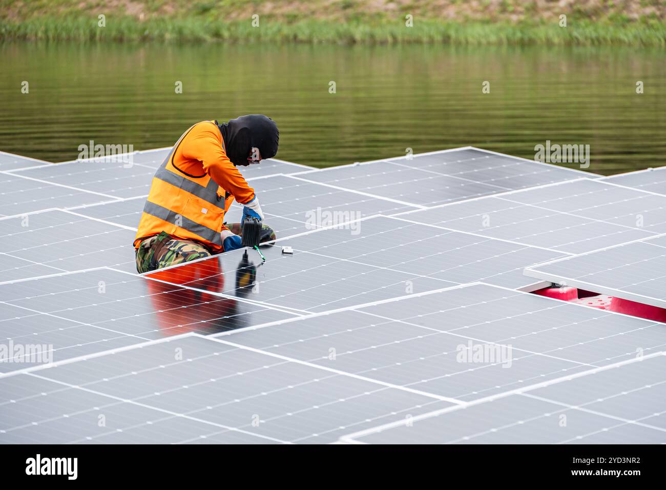 Professional Engineer Service Floating Solar Panel. Worker Maintenance ...
