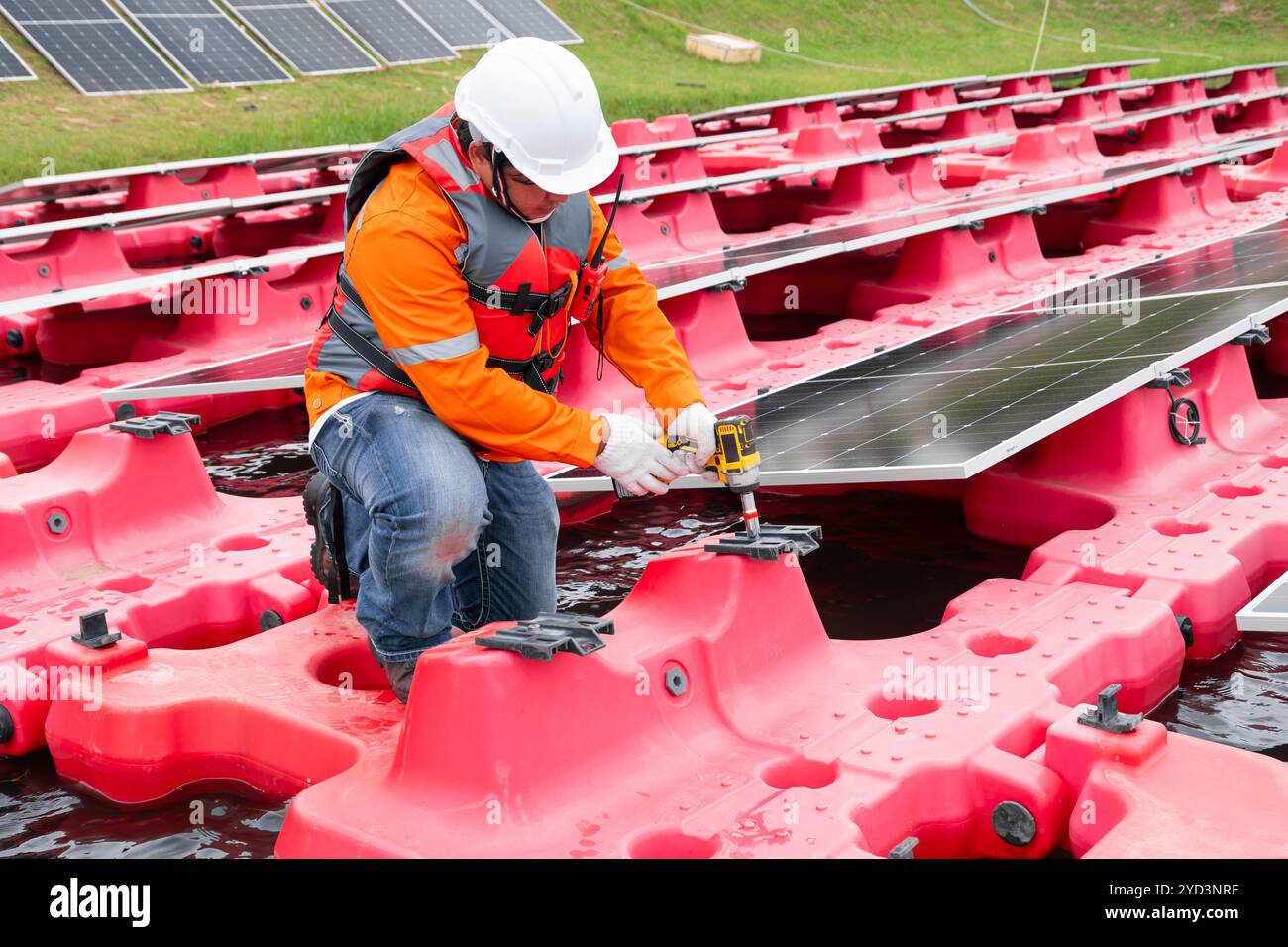 Professional Engineer Service Floating Solar Panel. Worker Maintenance ...