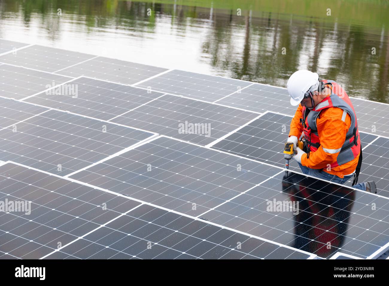 Professional Engineer Service Floating Solar Panel. Worker Maintenance ...