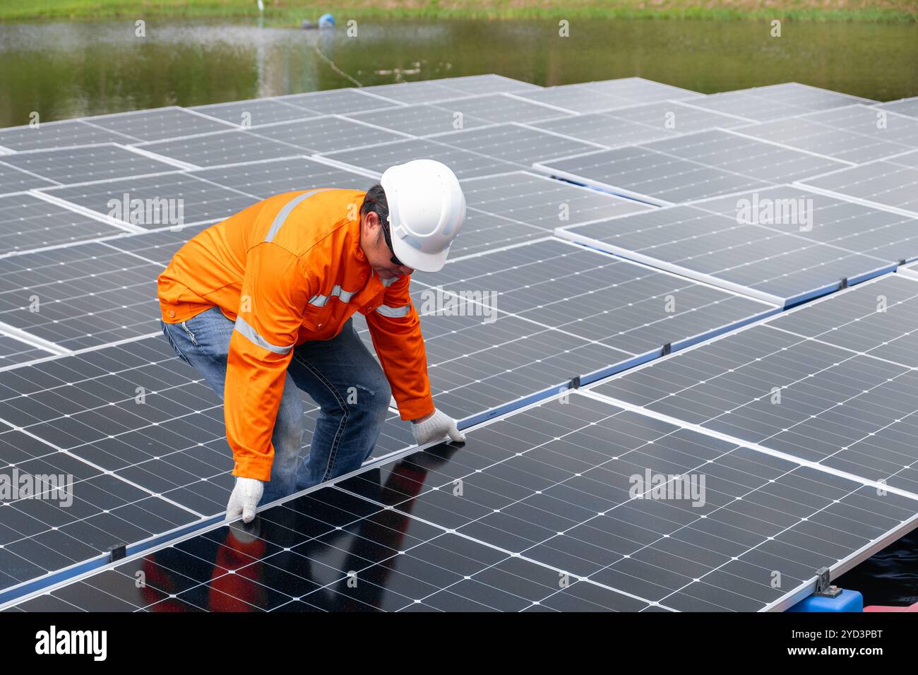 Professional Engineer Service Floating Solar Panel. Worker Maintenance ...