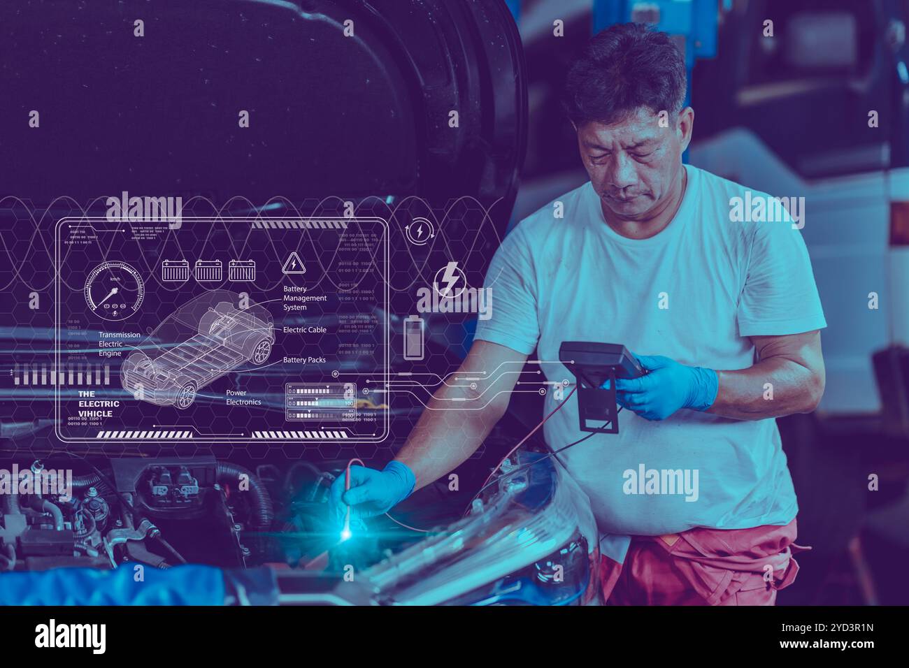 Professional worker checking service EV car check battery voltage using multi meter overlay graphic element. Stock Photo