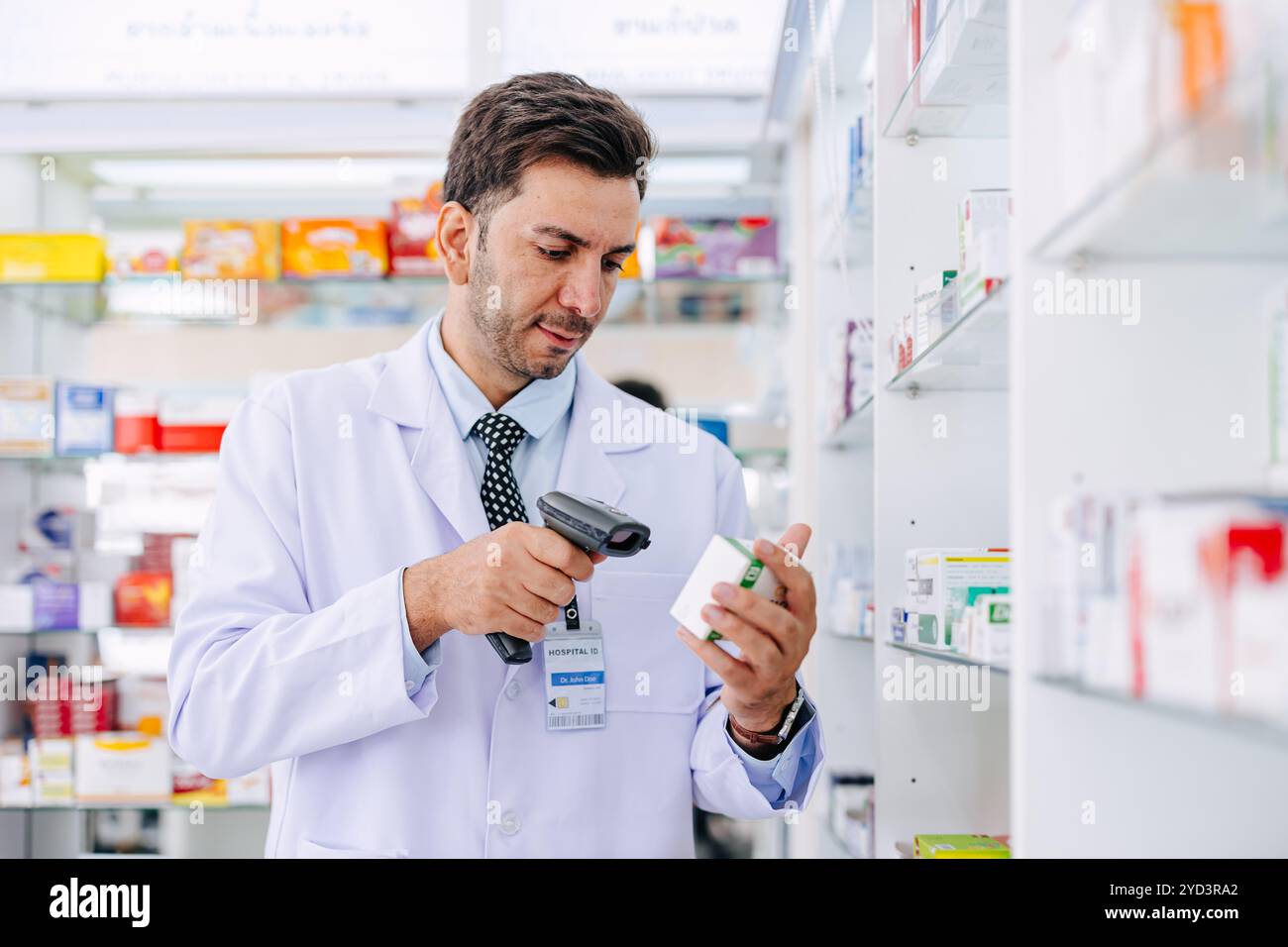 Pharmacist check stock inventory in Pharmacy medicine business ...