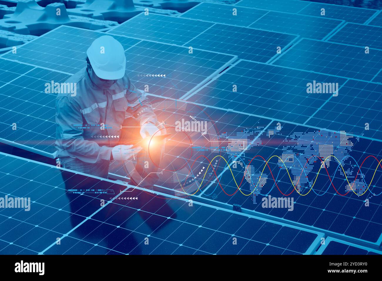 Engineer working with solar panel photovoltaic energy system overlay ...