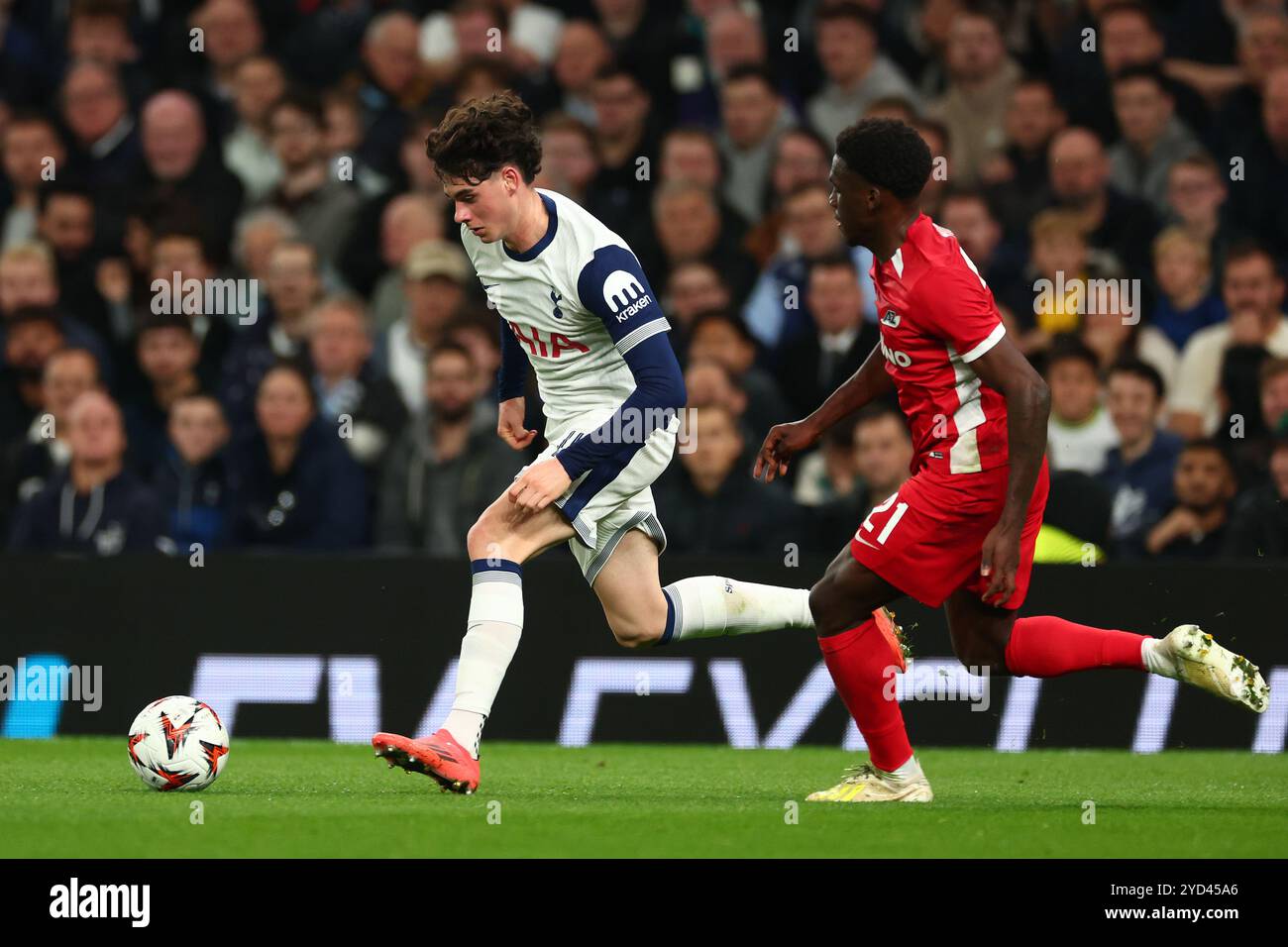 Archie Gray of Tottenham Hotspur takes on Ernest Poku of AZ Alkmaar - Tottenham Hotspur v AZ Alkmaar, UEFA Europa League, Tottenham Hotspur Stadium, London, UK - 24th October 2024 Stock Photo